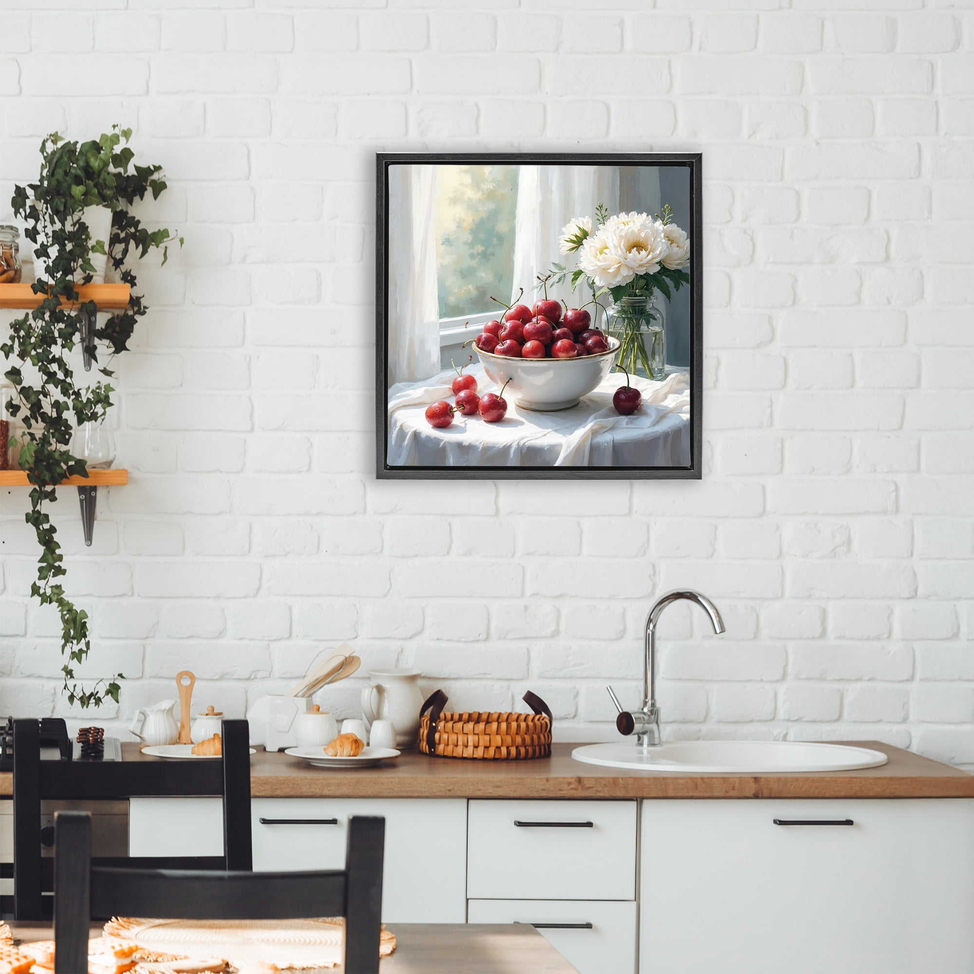 Cherries & Flowers Still Life Black Framed Floater Canvas Wall Art, design by Lettered and Lined
