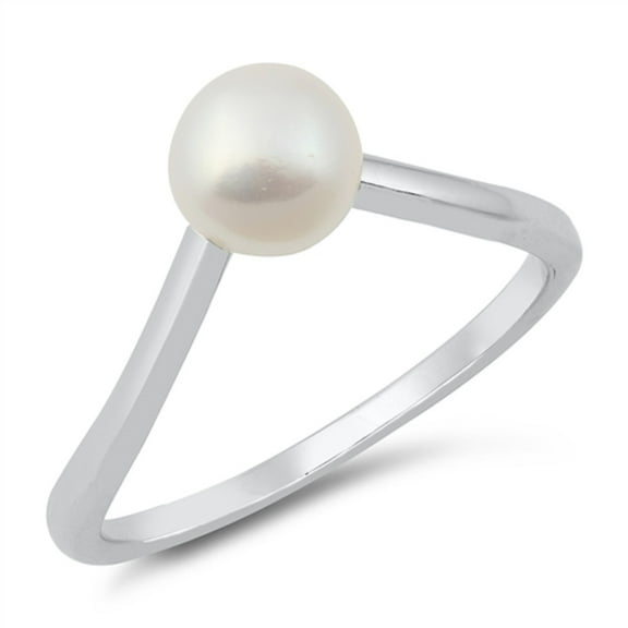 Synthetic Pearl Bead Pointed Ring Sterling Silver Size 6