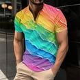 thumbnail image 2 of JUUYY Mens Rainbow Gradient Print Short Sleeve Henley Shirt Fashion Round Neck T Shirts with Four-Button Placket Summer Casual Sports Slim Fit Plus Size T-shirt Multicolor L, 2 of 5