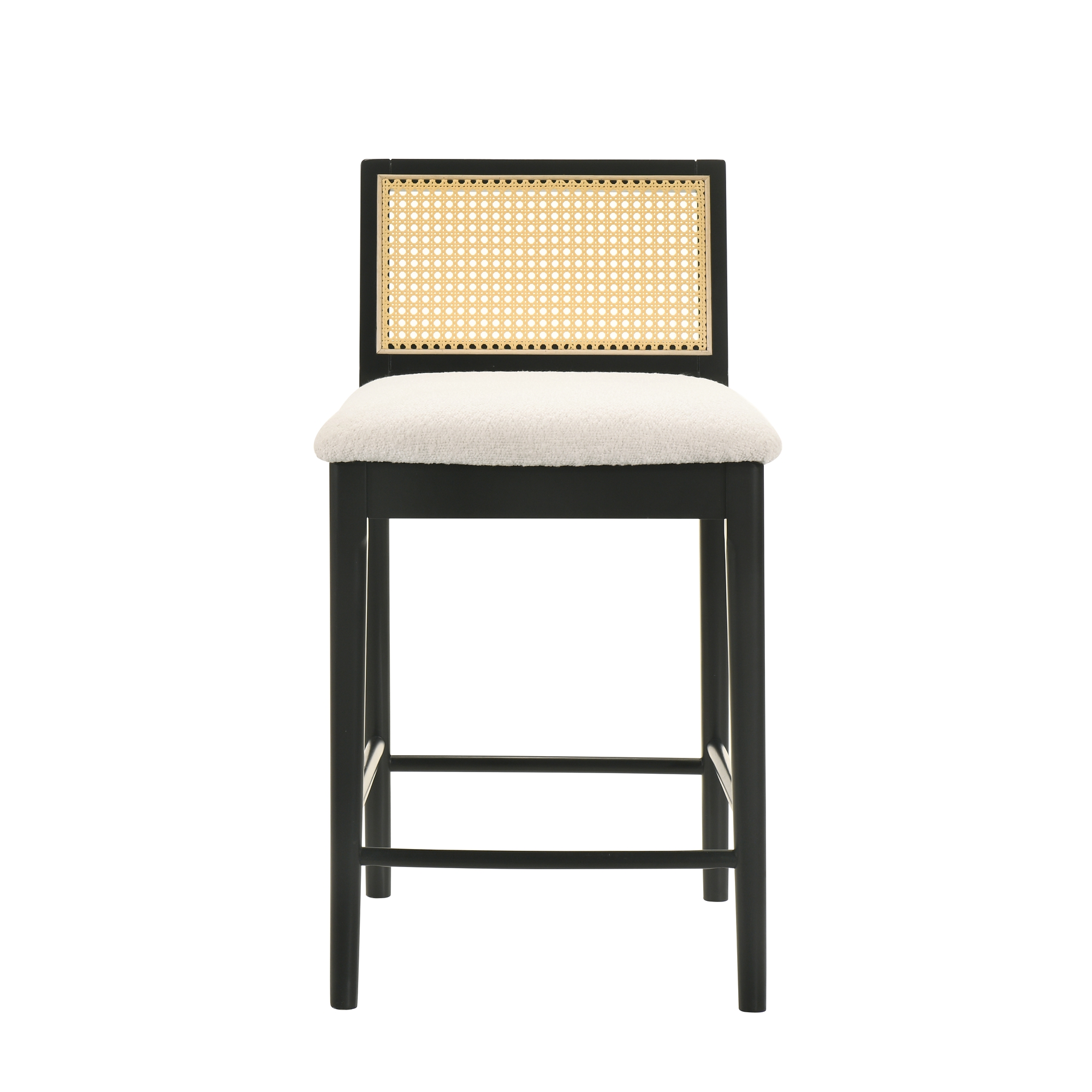 Tobias Coastal Modern Wood Counter Height Kitchen Bar Stool in Black Finish with White Boucle Fabric Upholstered Seat - Set of 4