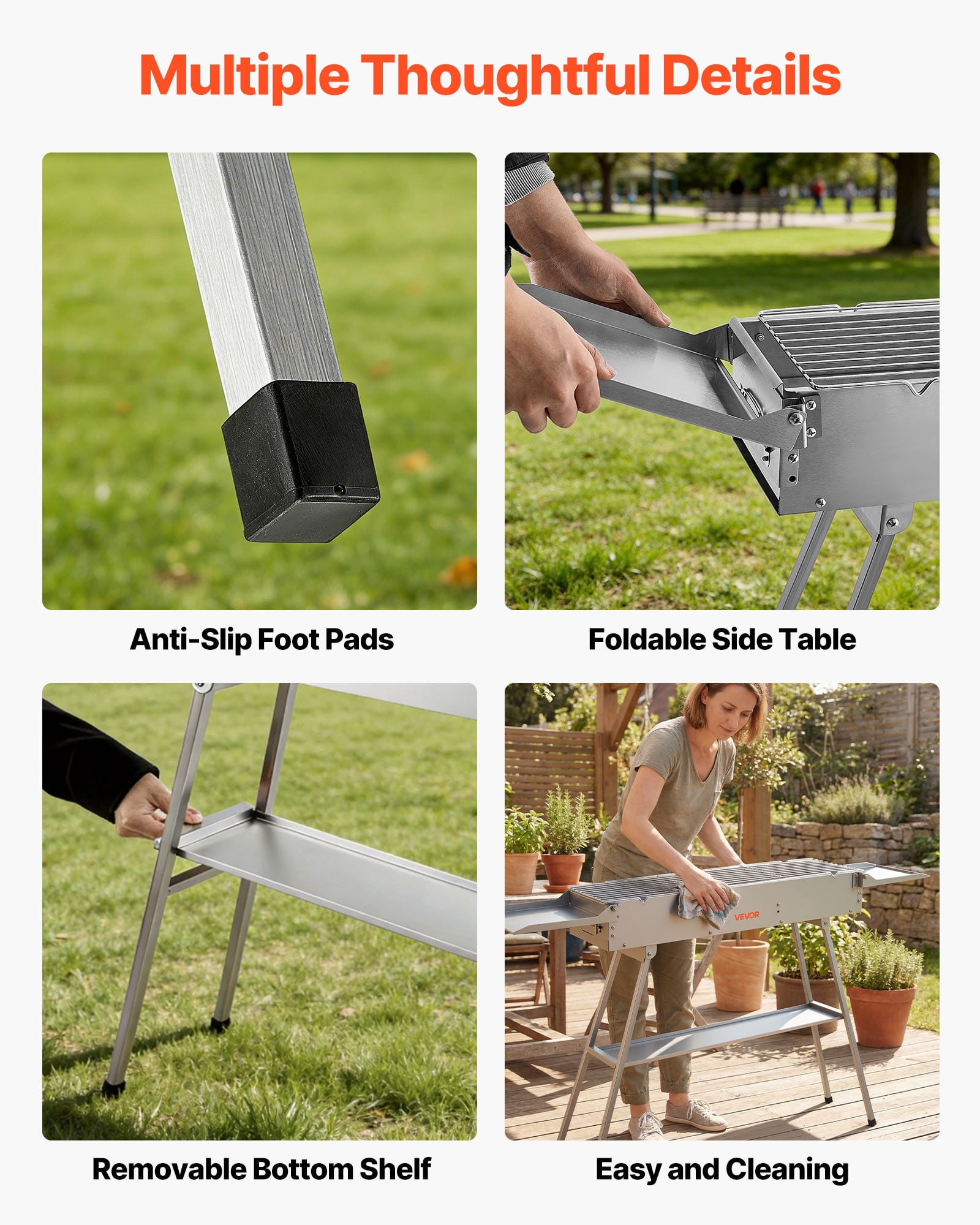 VEVOR Foldable Charcoal Grill, 250 sq.in. Portable Charcoal Barbecue Grill with Liftable Charcoal Tray & Side Tables, Brushed Stainless Steel BBQ Cooking Grills for Outdoor Camping Backyard Parties