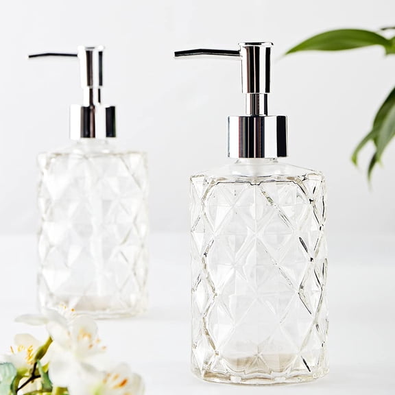 MATN 12 Oz Clear Glass Soap Dispenser with Golden Pump - Elegant Diamond Design for Bathroom & Kitchen Use