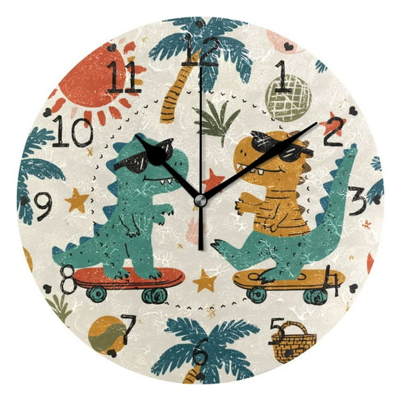 Two Dinosaurs on Skateboard Trees Round Wall Clock Silent Analog Battery Operated Black Pointer Home Decor 9.84" Diameter