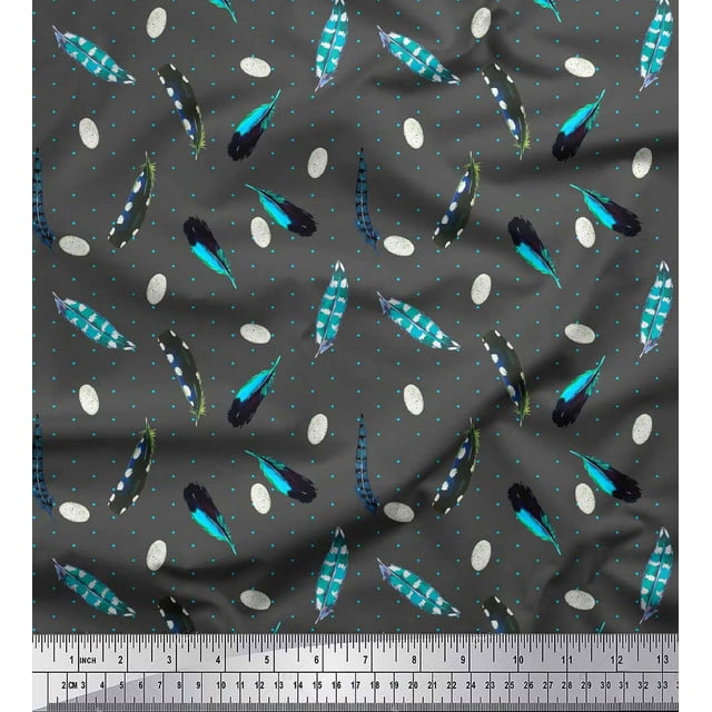 Soimoi Gray Poly Georgette Fabric Dot & Feather Printed Fabric 1 Yard 52 Inch Wide
