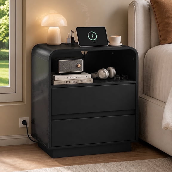 Hiaso 2 Drawers Nightstand with Charging Station, Small Sofa Table with Storage Open Shelf, Wooden Storage Cabinet for Living Room, Black Finish