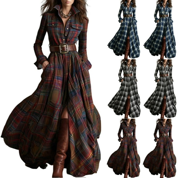 longantii Plaid Maxi Dress for Women,Long Dress Vintage V-Neck Long-Sleeve Pastoral Style Dress Deep Red S