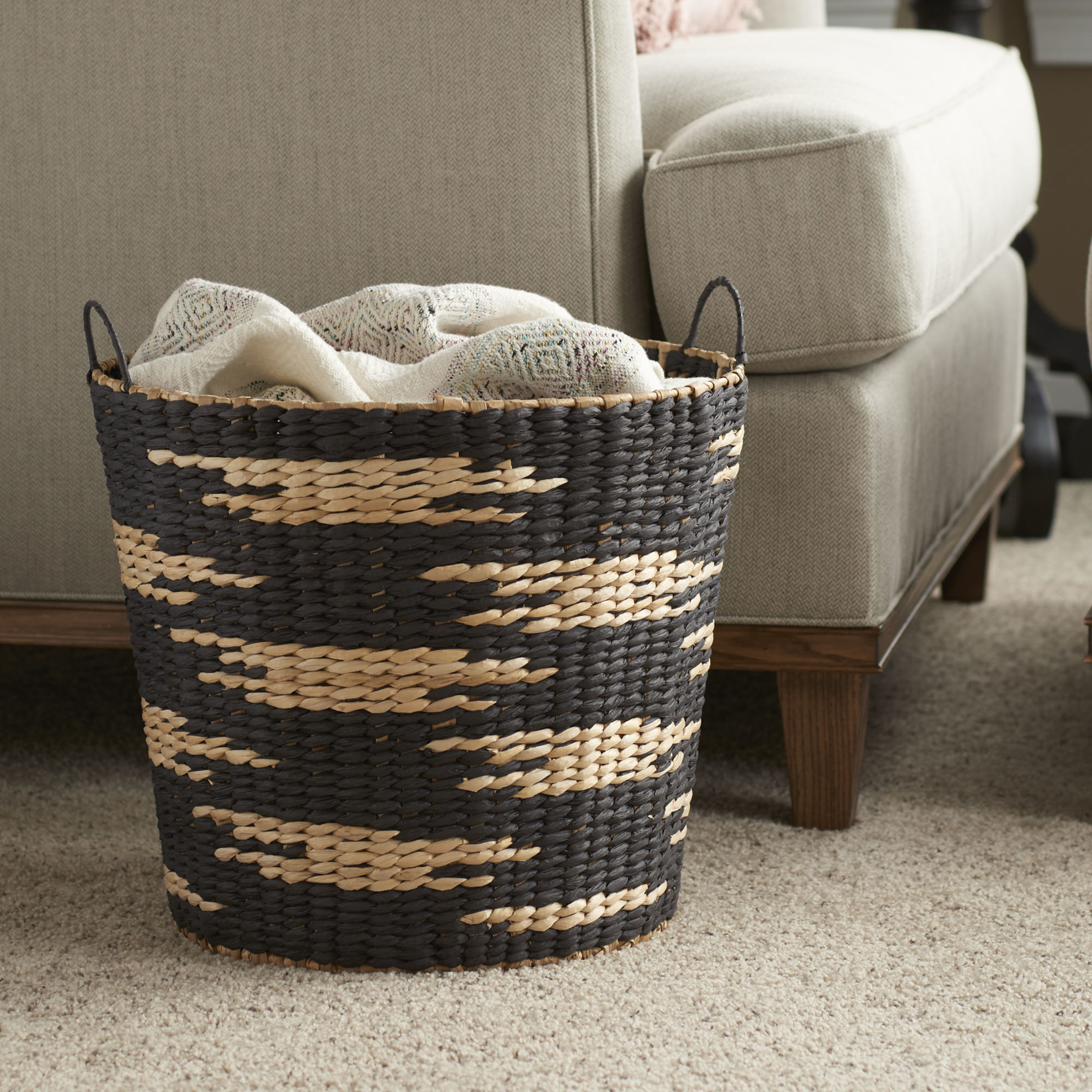 Household Essentials Tapered Woven Basket, Large Decorative Basket with Handles, Black and White Pattern