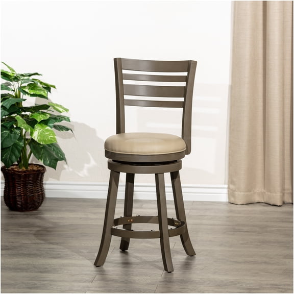 JERFIT Swivel Bar Stool with Slat Back, Gray Bonded Leather Seat, Counter Height Stool for Kitchen Island, Durable and Comfortable Swiveling Stool