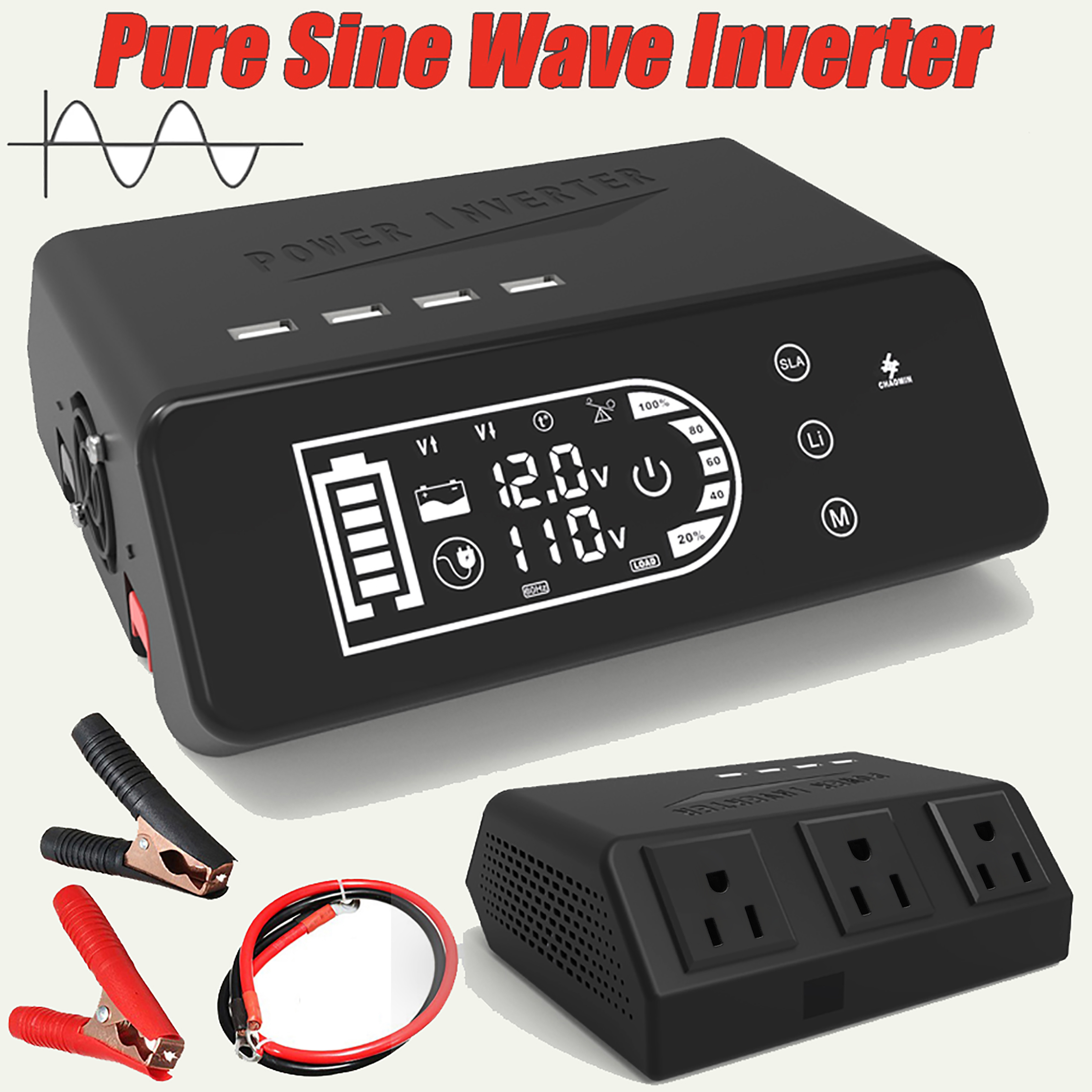 Pure Sine Wave Inverter,Power Inverter 1000W/2000W DC 12V to AC 120V/110V Car Battery Power Converter Adapter for RV Camper