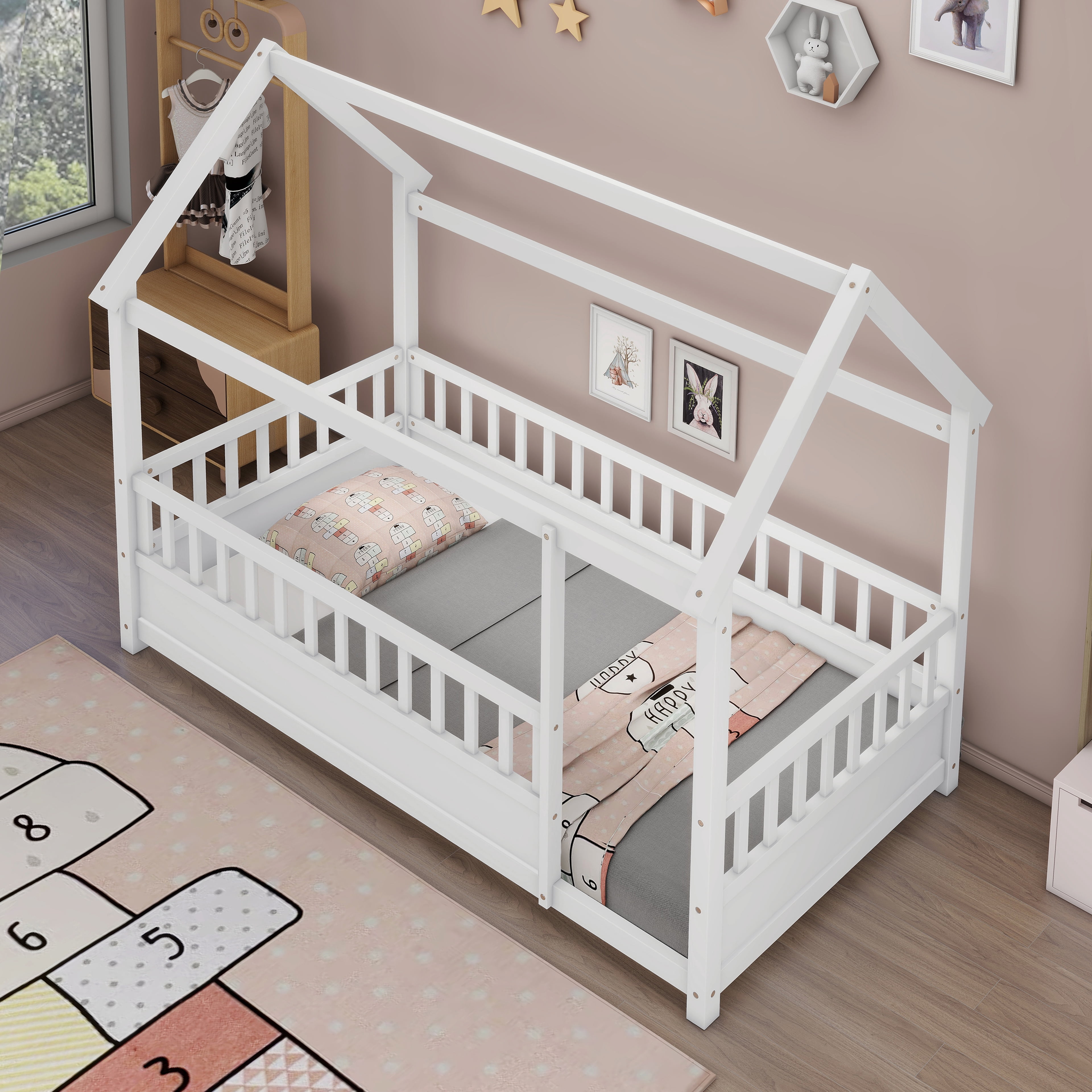Floor Wooden Bed with House Roof Frame, Twin Size Fence Guardrail Bed for Kids, White Pine Wood Children's Bedroom Furniture, 20-Inch High Fence with Roof Structure
