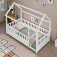 thumbnail image 3 of Floor Wooden Bed with House Roof Frame, Twin Size Fence Guardrail Bed for Kids, White Pine Wood Children's Bedroom Furniture, 20-Inch High Fence with Roof Structure, 3 of 11
