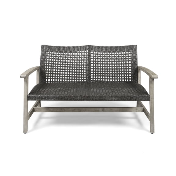 Hampton Outdoor Acacia Wood Wicker Loveseat, Handwoven Grey Rattan 2-Seater Patio Sofa, Weather Resistant Conversation Furniture for Backyard Garden