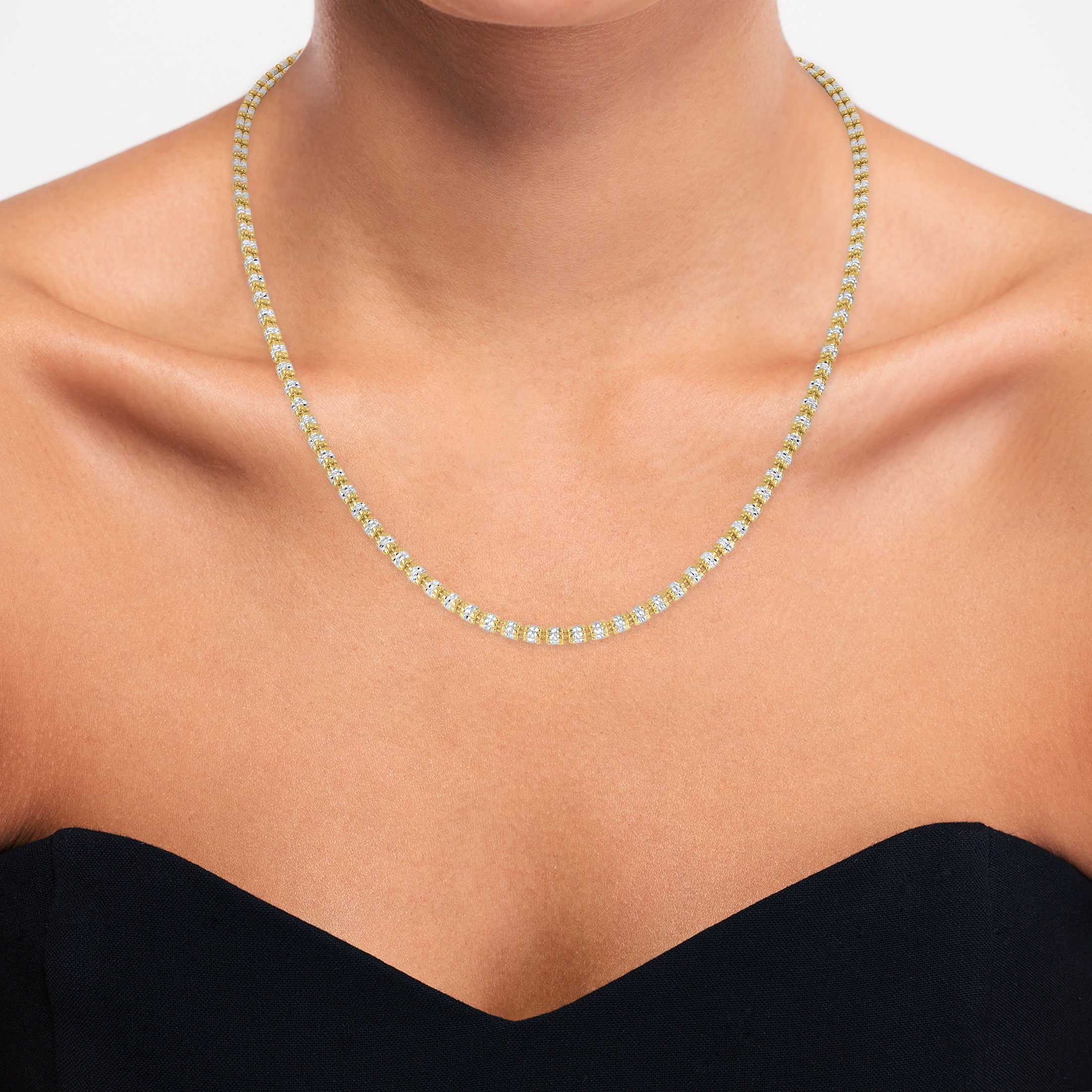 Brilliance Fine Jewelry Italian Sterling Silver 18KT Gold Plated Two-Tone 3 Row Diamond-Cut Ice Chain Necklace, 22"