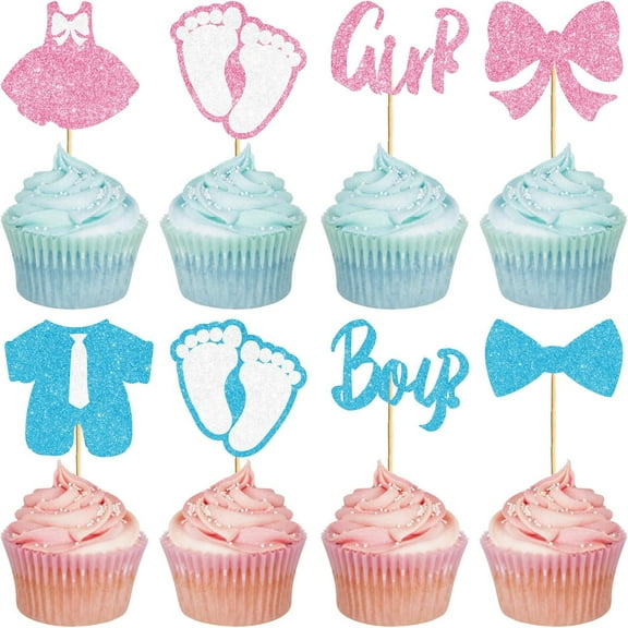 24Pcs Gender Reveal Cupcake Toppers Glitter Tie Cupcake Picks Shower Cake Topper Decorations