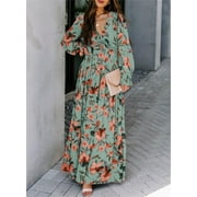 DOKOTOO Green Maxi Dresses for Women Casual Loose Bohemian Floral Dresses Lantern Long Sleeve Deep V Neckline Fall Dresses Party Dresses Beach Dresses Maternity Dresses, US 4-6(S)