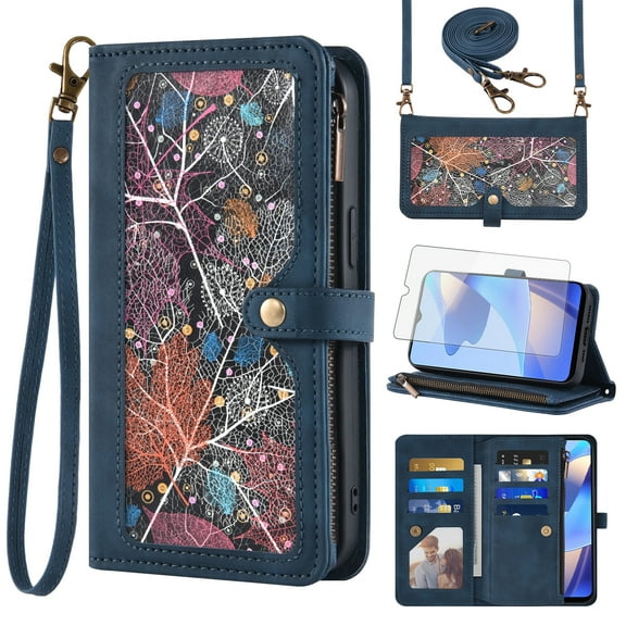 Asuwish Phone Case for Samsung Galaxy A16 5G/4G Wallet Cover With Tempered Glass Screen Protector Crossbody Wrist Strap Flip Pattern Zipper Credit Card Holder Stand Cell A 16 16A SM-A166U Women Blue