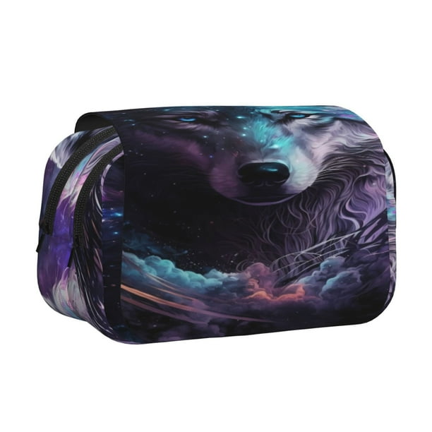 Disketp Purple Sky Wolf Estuche de Lápices de Doble Capa con Tapa Abatible y Cremallera, Organizador Escolar para Adolescentes y Adultos