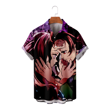 

MLFU Anime Demon Slayer Teens Mens Shirt Button Down Short Sleeve Vintage Collared Shirt Front-Pocket Clothes Plus Size Men