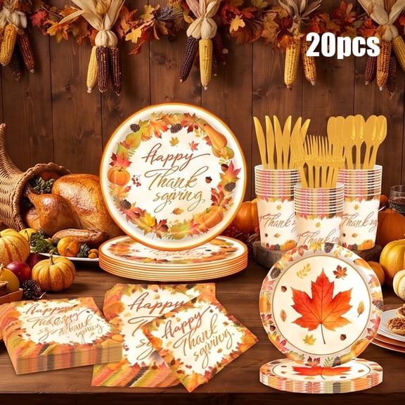 20-Piece Set Maple Leaf Thanksgiving Dinner Plate, Decorative serving plate, for kitchen, dining table, holiday meals, parties and seasonal entertaining