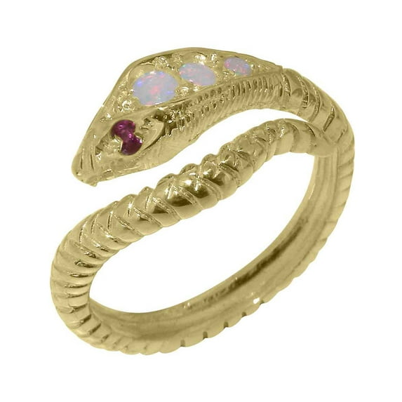 LBG British Made 14k Yellow Gold Natural Opal & Ruby Womens Band Ring - 33 size options - Size 10.25
