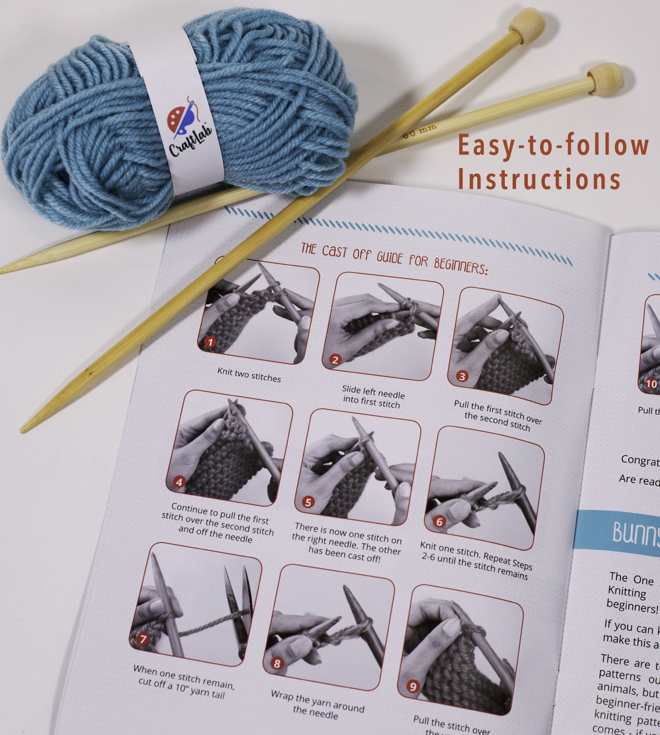 CraftLab Knitting Kit for Beginners, Kids Adults Seniors Includes All Knitting Supplies: Wool Yarn, Knitting Needles, Yarn Needle and Instructions – Fantastic DIY Gift Learn to Knit Arts & Crafts Kit