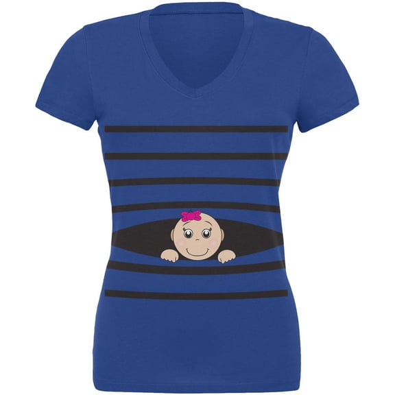 Striped Peeking Baby Girl Royal Juniors V-Neck T-Shirt - Medium
