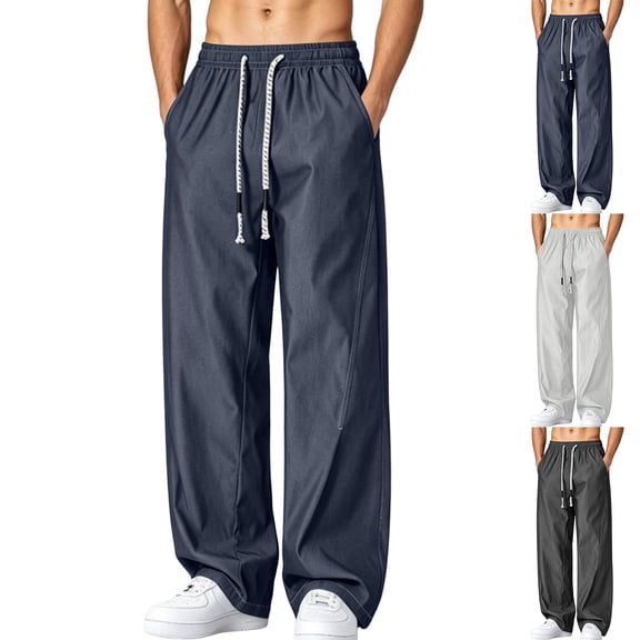 Mens Joggers Casual Loose Drawstring Elastic Waist Wide Leg Pants Outdoor Sport Cropped Pants with Pockets