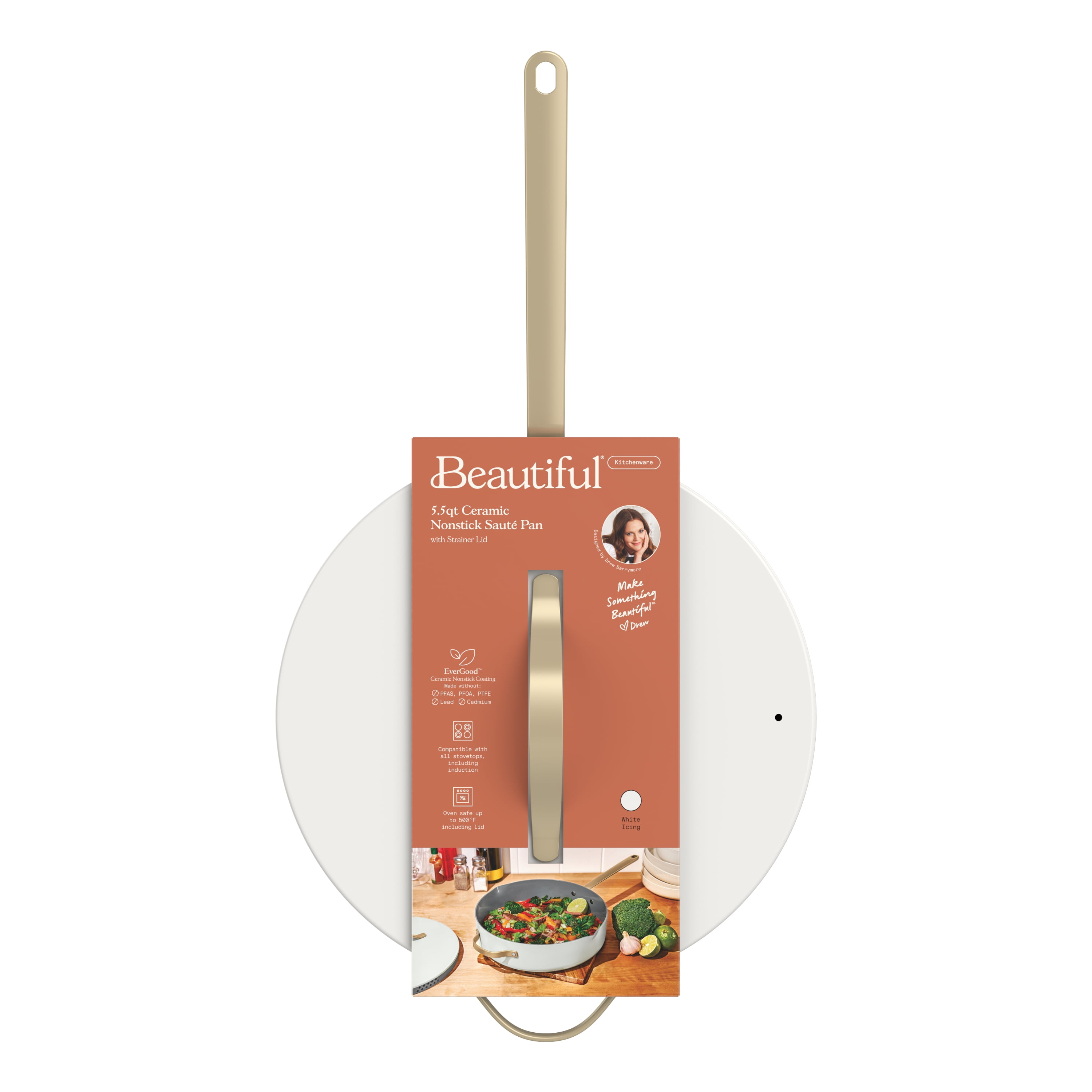 Beautiful 5.5 Quart Ceramic Non-Stick Sauté Pan with Strainer Lid, White Icing by Drew Barrymore