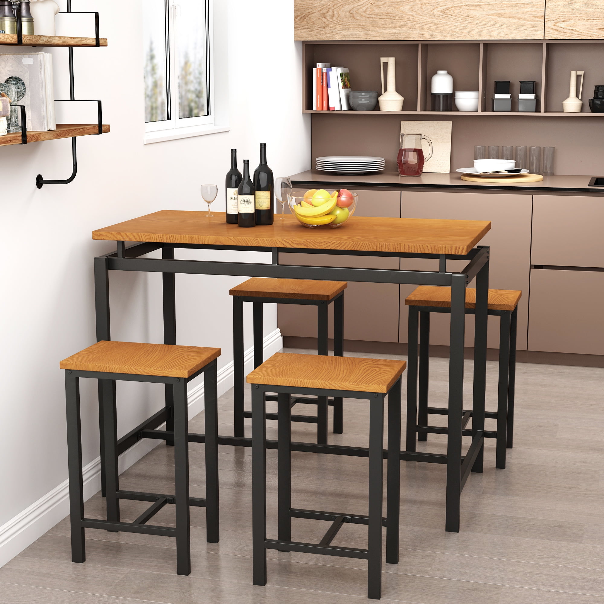 Wood Pub Table Set Counter Height Kitchen Dinner Bar Dining Home Height Stools 