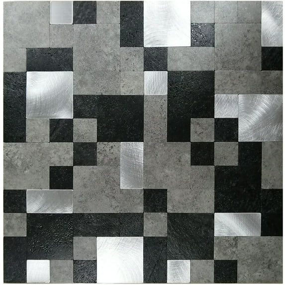 Crystiles Medley PVC and Aluminum 12 X 12 Inches Peel and Stick Backsplash Tile, Black, Grey and Brushed Metal, 1-Pack Sample