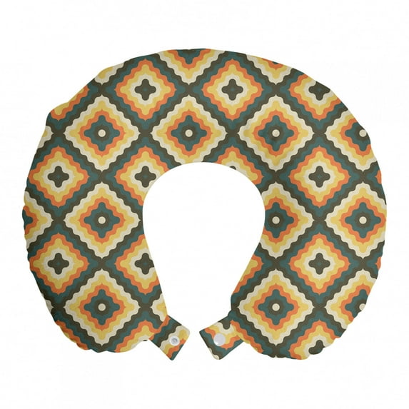 Geometric Travel Pillow Neck Rest, Retro Abstract Curvy and Groovy Shapes on Background Colored in Dark Sepia, Memory Foam Traveling Accessory Airplane and Car, 12", Multicolor, by Ambesonne
