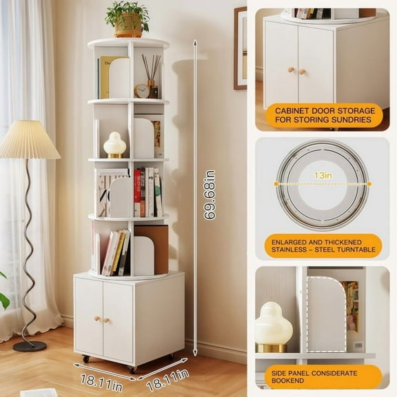 4-Tier Corner Bookshelf , Rotating Bookcase with Storage Cabinet,universal wheels Space-Saving Floor Organizer White