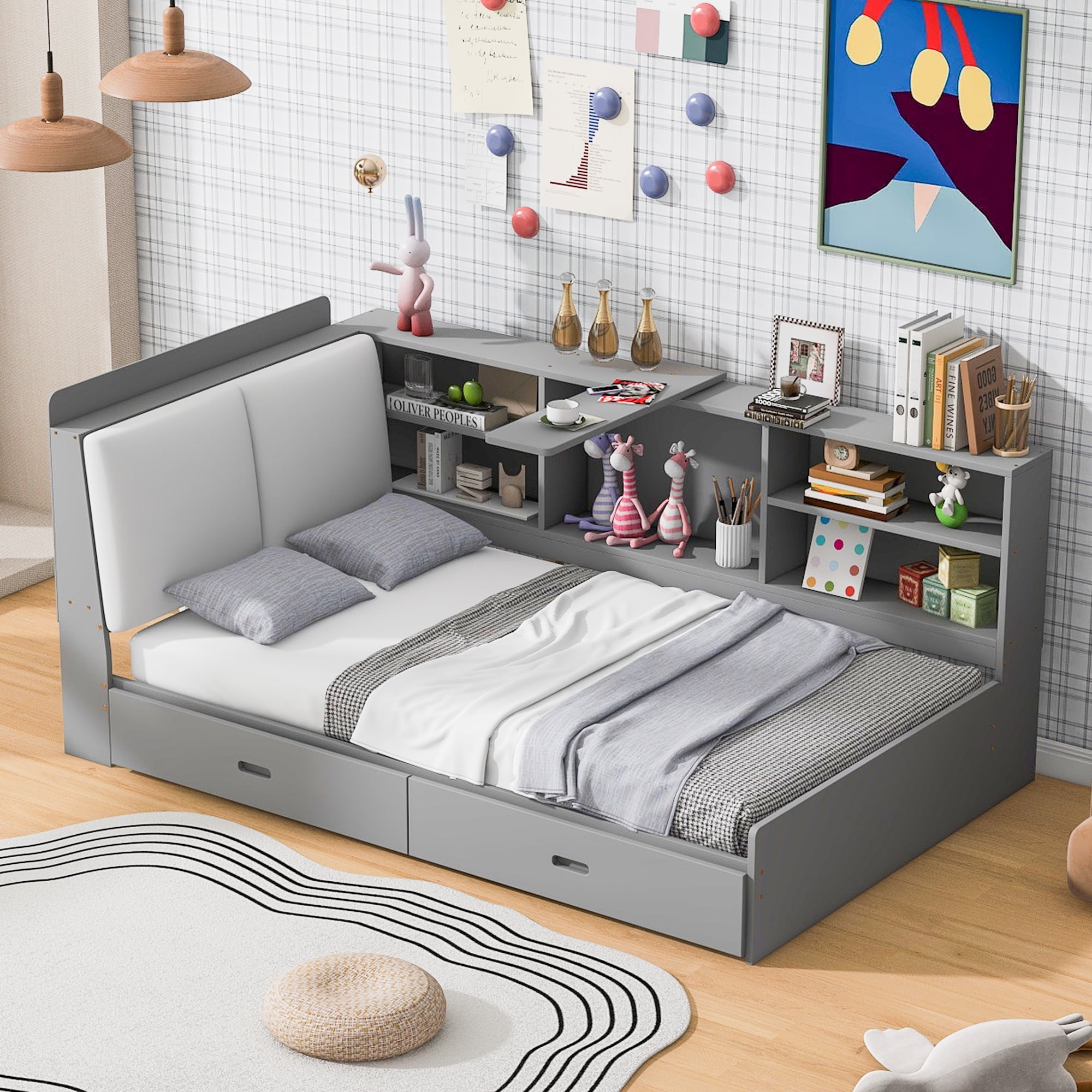Euroco Wood Twin Platform Bed with Storage Headboard and Shelves, 2 Drawers Floor Bed for Kids Teens, Gray