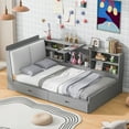 thumbnail image 4 of Euroco Wood Twin Platform Bed with Storage Headboard and Shelves, 2 Drawers Floor Bed for Kids Teens, Gray, 4 of 11