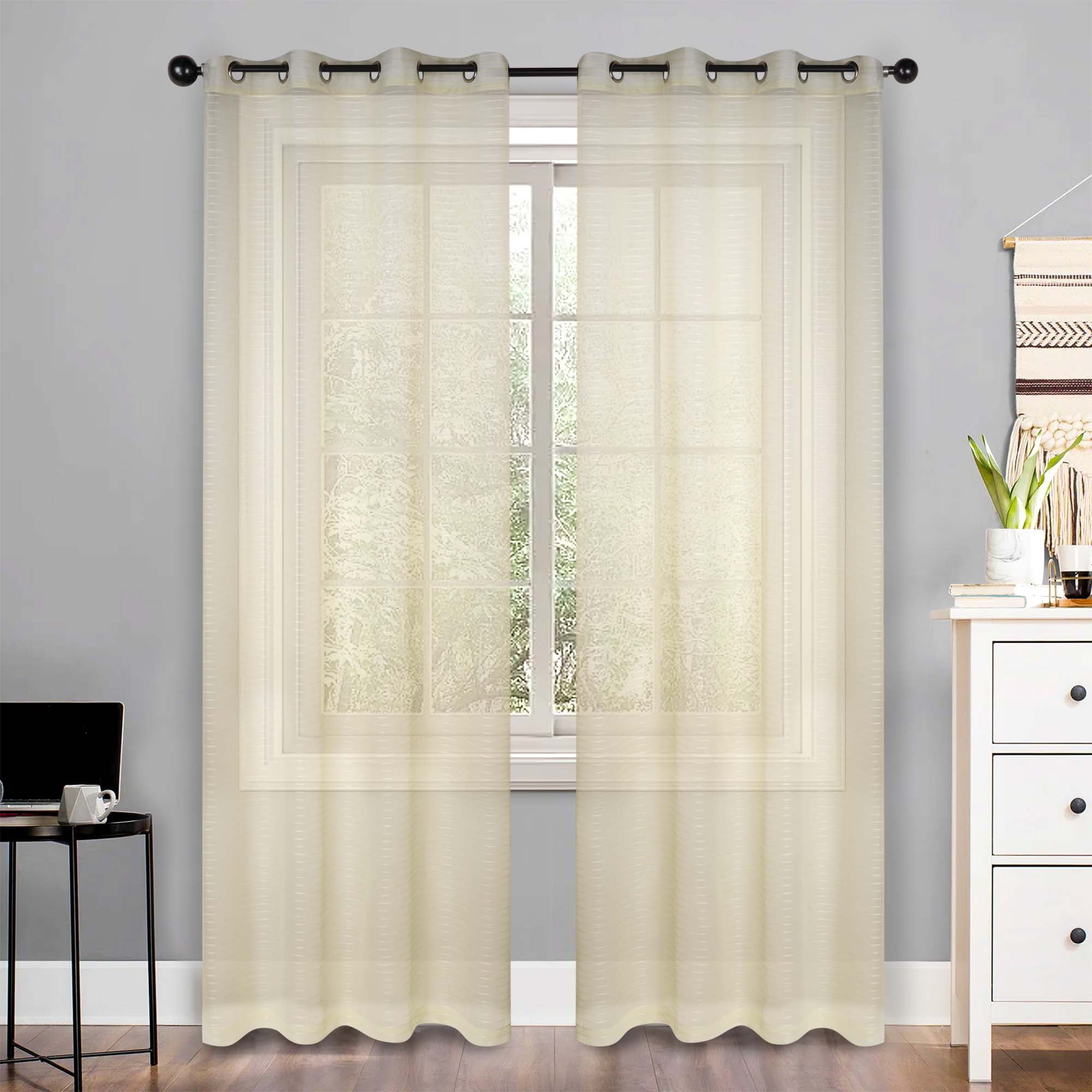 Superior Jackson Stripe Sheer Curtain Grommet Curtain Panel Set, 52" x 108", Ivory