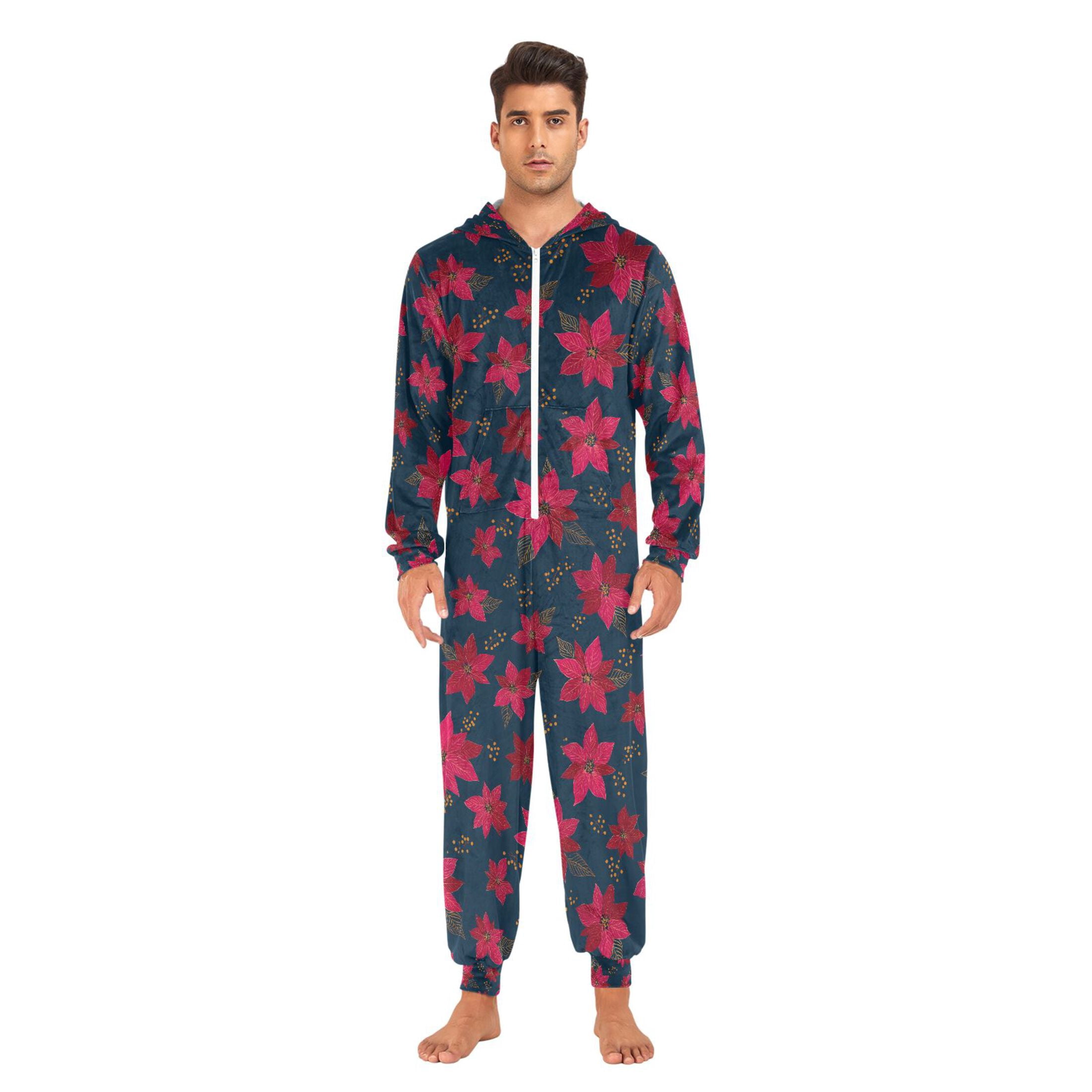 Adult Christmas Onesie Red Flower Adult Zipper One-Piece Pajamas Unisex Pajamas with Pockets