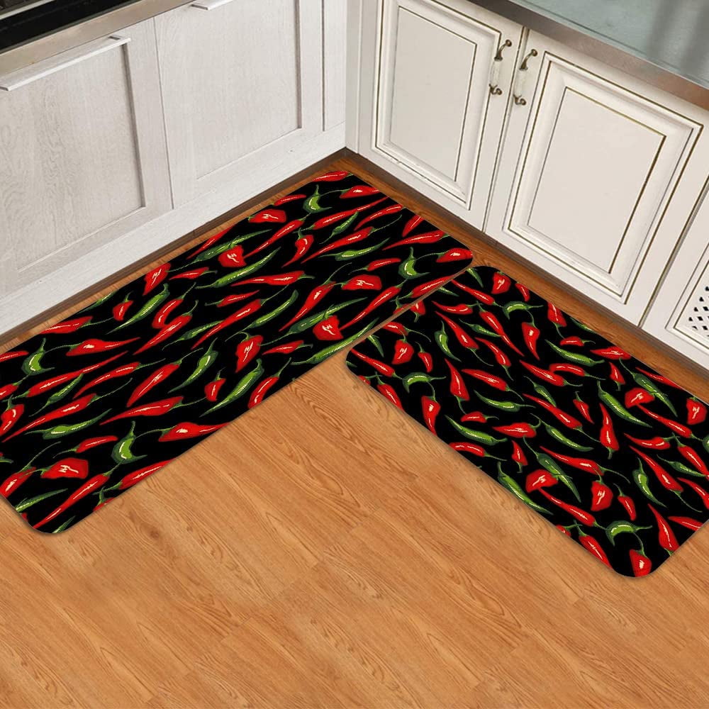 Chili Pepper Kitchen Rug Sets 2 Pieces Chili Peppers Comfort Mat Cushioned Floor Mats Washable Doormat 17.7inch X 47.2inch + 17.5inch X 29.5inch