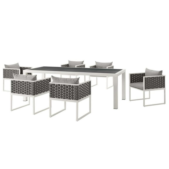 Side Dining Chair and Table Set, White Gray, Aluminum Metal, Outdoor Patio Balcony Cafe Bistro Garden Hospitality Restaurant, Modern Contemporary HB33212