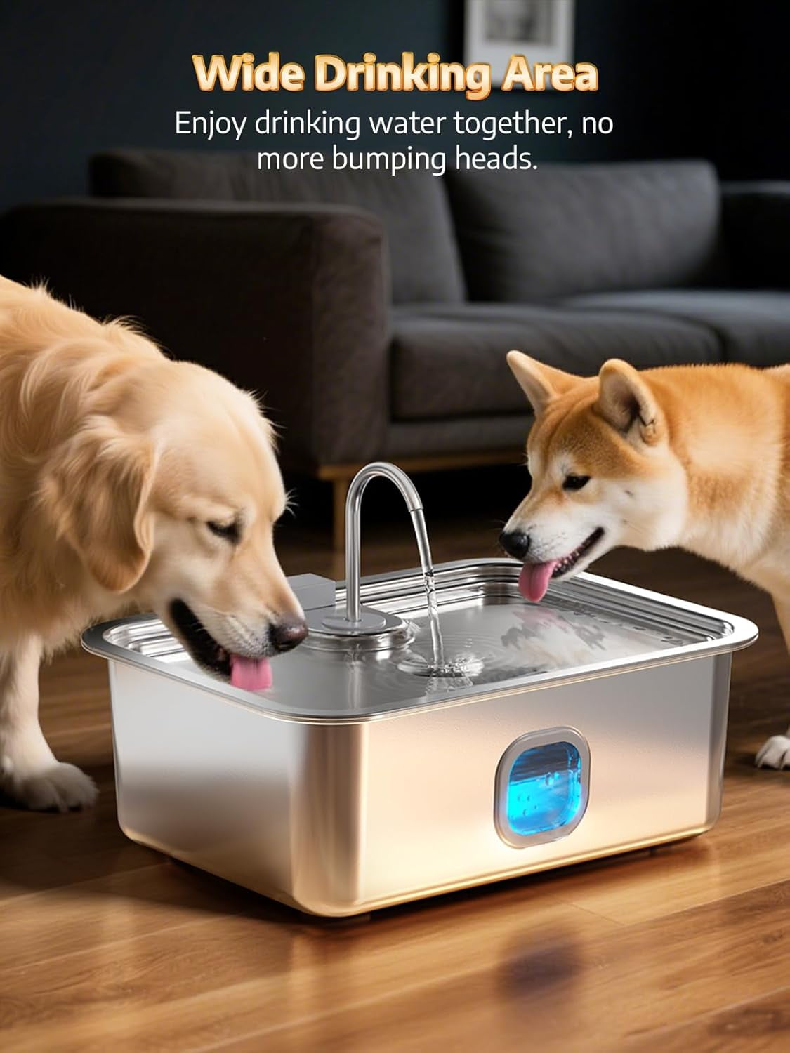 Large Stainless Steel Dog Water Fountain, 16L Automatic Pet Dispenser with Wider Drinking Tray and Visible Window for Multi-Pet Families