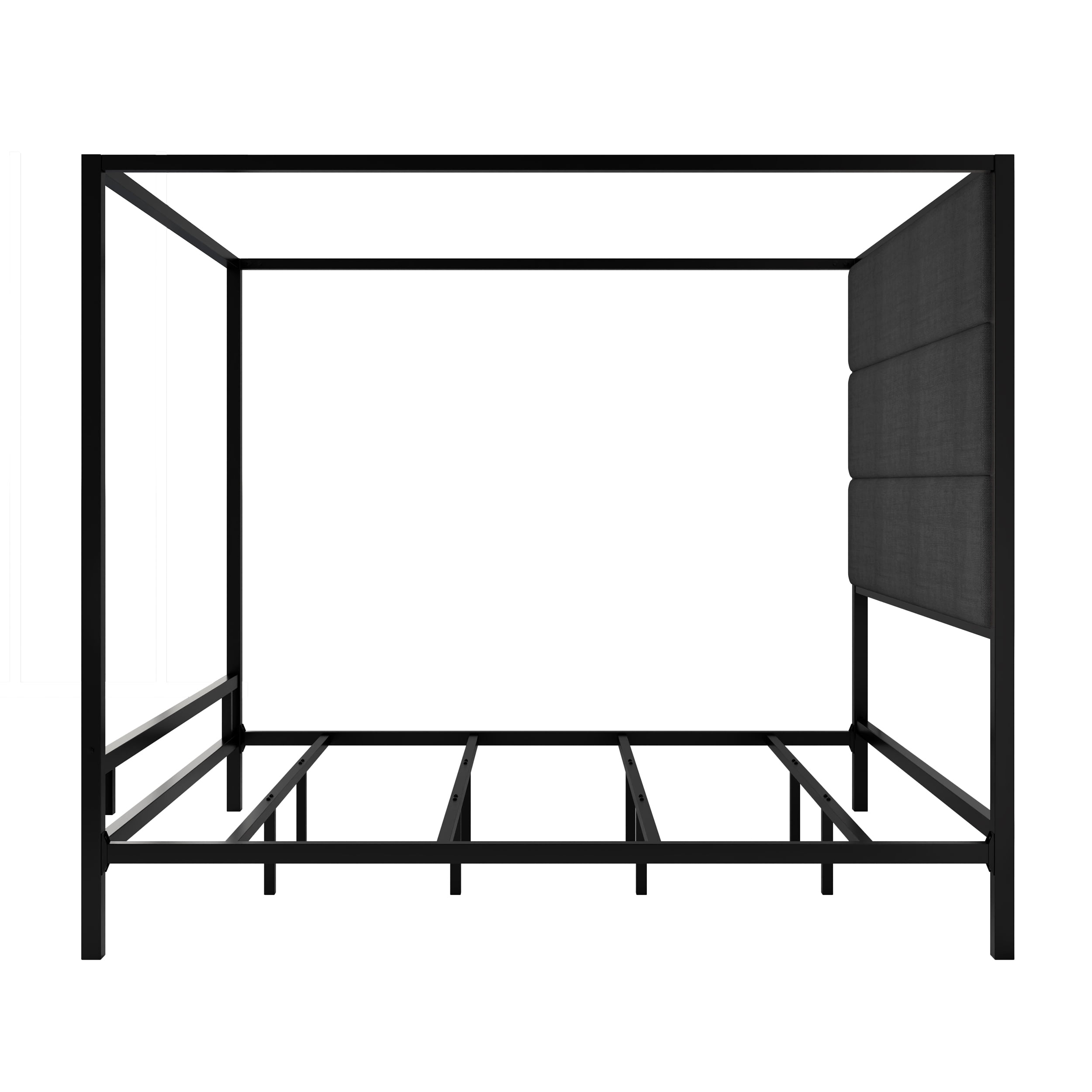 Euroco Metal King Size Canopy Bed with Linen Fabric Upholstered Headboard, 4-Poster Platform Bed, No Box Spring Needed, Black