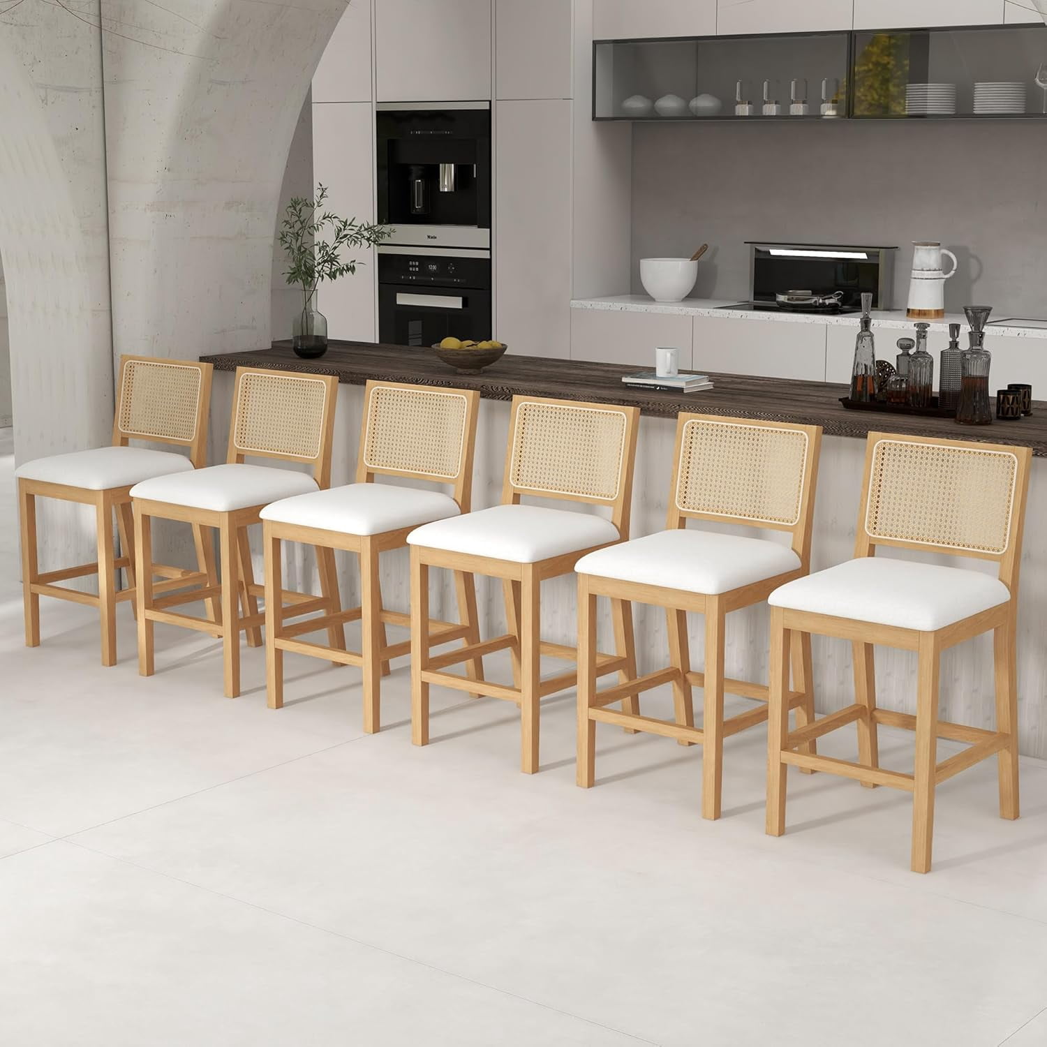 Westice Rattan Bar Stools Set of 6, 26" Farmhouse Counter Height Stools with Natural Rattan Back and Wood Frame, Upholstered Line Fabric Seat Cushion, Wooden Stools for Kitchen Island/Pub, Natural
