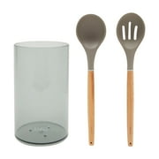 7-Piece Silicone and Bamboo Kitchen Utensils Set with Holder for Cooking, Virtually Non-Stick, with Ladle, Slotted Turner, Slotted Spoon, Serving Spoon, Pasta Server, Spatula, Scratch-Resistant