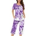 thumbnail image 2 of QUNYINEY Floral Pajamas for Women Set Button 2 Piece Purple Soft Short Sleeve Sleepwear and Capri Pants Round Neck Women Pjs Sets, 2 of 5