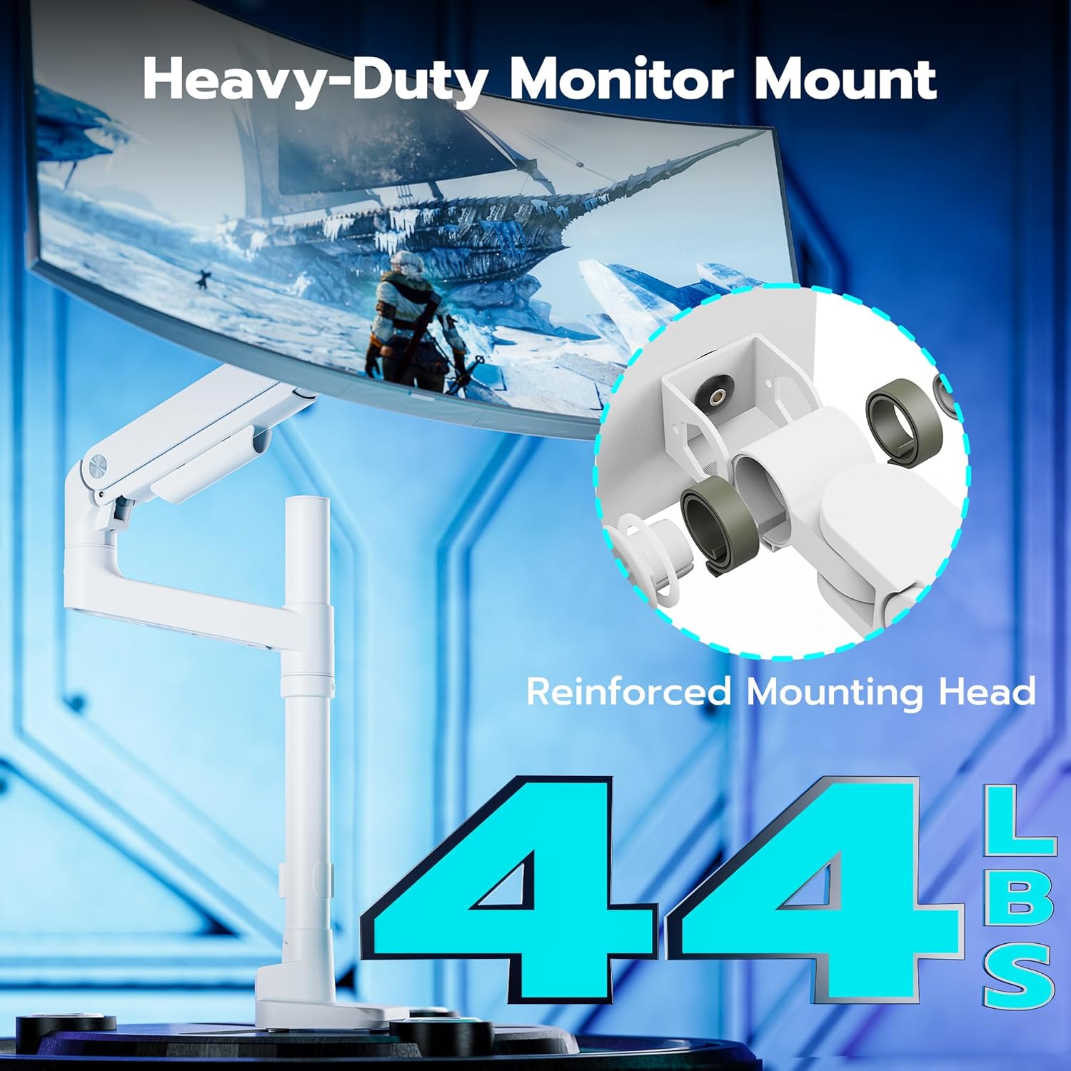 ARES WING Single Monitor Arm Desk Mount for 17–49 Inch Ultrawide Monitors, Heavy Duty Monitor Mount Holds Up to 44 lbs, Full Motion Gas Spring Monitor Stand, VESA 75x75 / 100x100, White