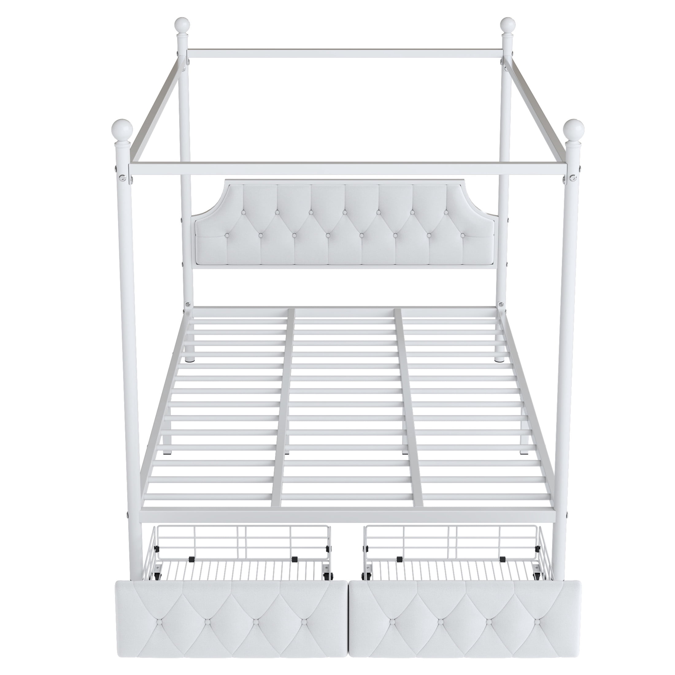 Noble House Carmen Queen Metal Canopy Bed, Platform Frame with Velvet Headboard and Storage Drawers, White