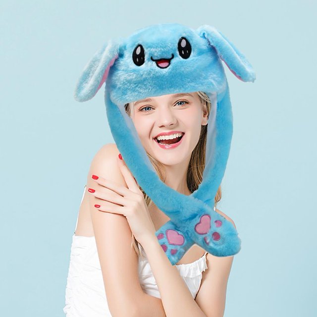 Gorro de conejo con LED que brilla intensamente, gorro con orejeras de conejito en movimiento de felpa de invierno (azul) Lamparas