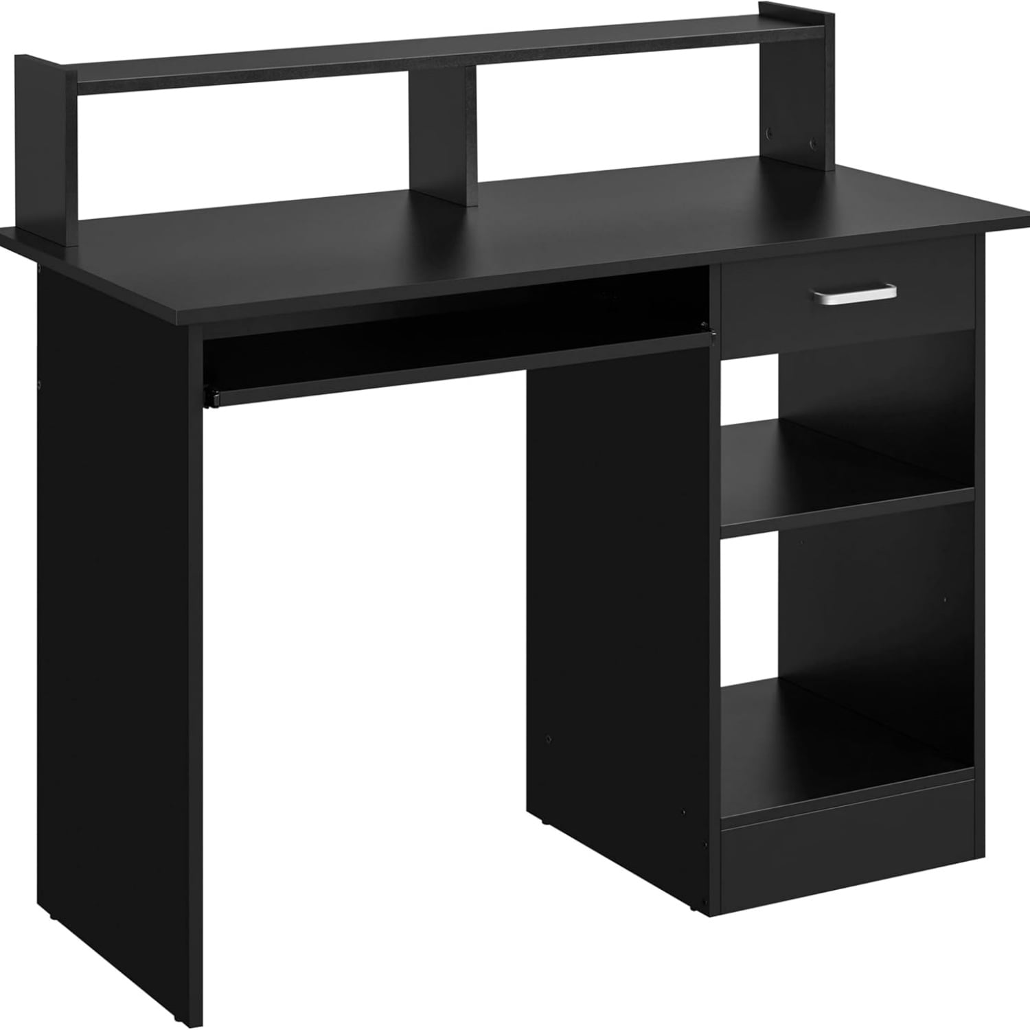 Home Office Wood Computer Desk with Drawers and Pull-Out Keyboard Tray, Study Writing Desk PC Laptop Table with Hutch and Storage Shelves, Modern Workstation, Black