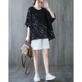 thumbnail image 2 of Women Short Sleeves Crewneck Patchwork Tops Oversized T-Shirt Side Slit Blouse GA2565 Black, 2 of 5
