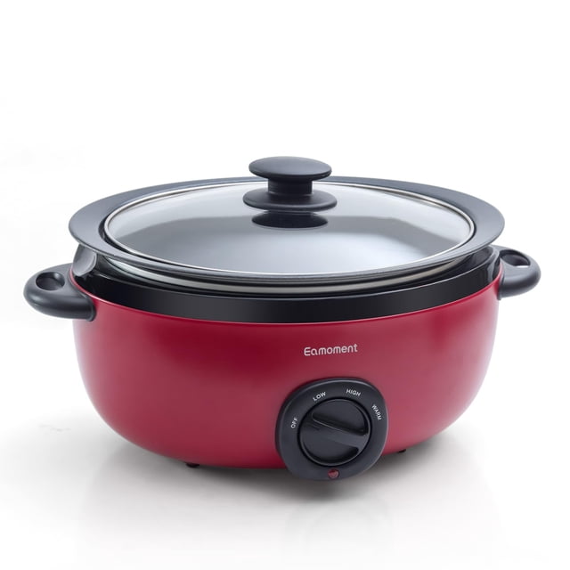 olla de cocción lenta de más de 6 cuartos de galón de calentamiento uniforme, olla antiadherente de 6.5 cuartos Eamoment, vista frontal centrada; cuerpo rojo de aluminio con asas negras aisladas, perilla frontal con posiciones baja/alta/cálida y luz indicadora, tapa de vidrio templado con pomo negro; también adecuada para preparar salsas y caldos para llevar.