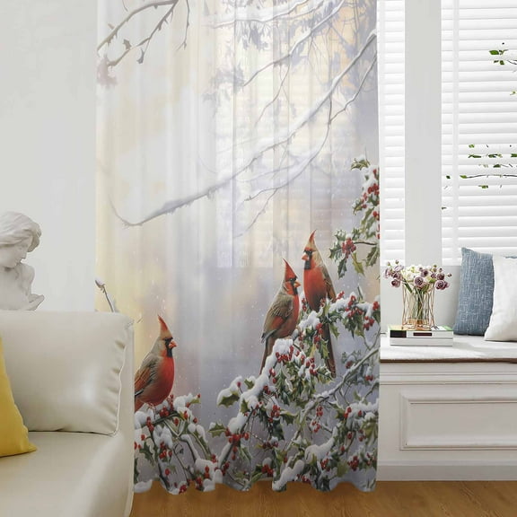 Christmas Semi Sheer Curtains Drapes for Living Room, Bedroom, French Doors Window 84 Inches Long, Xmas Birds Berry Botanical Snowflake Rod Pocket Chiffon Curtain Drapery Voile Draperies Panel